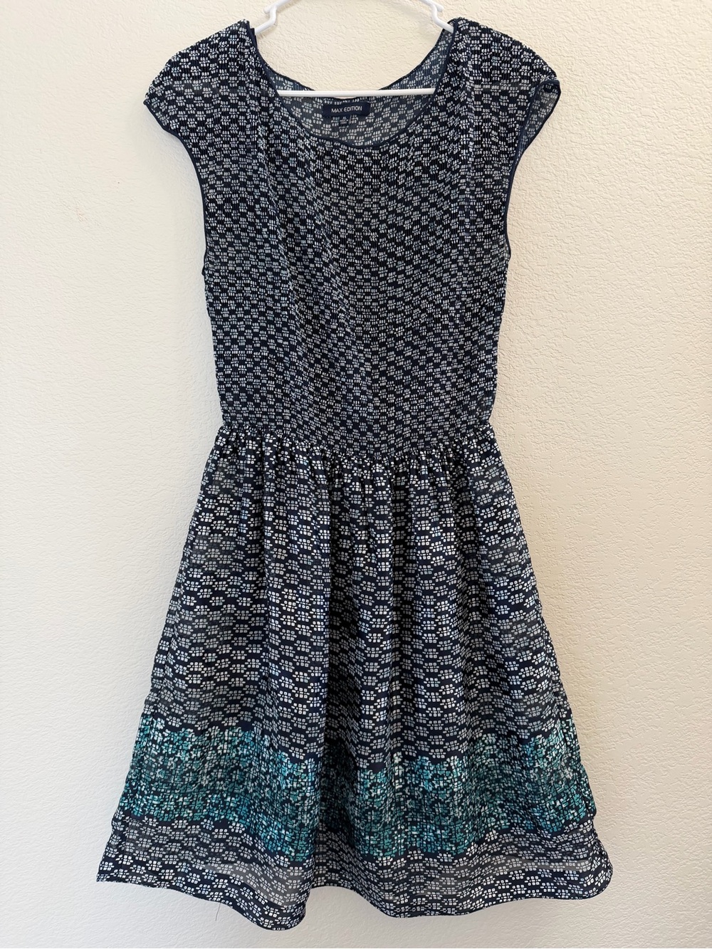 Max Edition Navy Patterned Dress with Teal Border